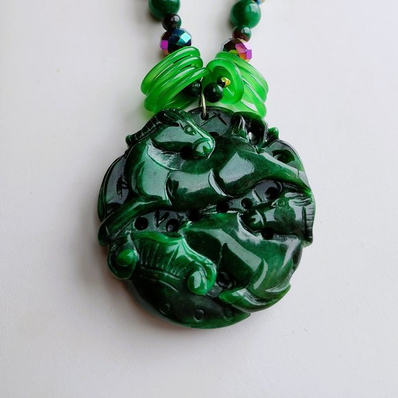 One of Kind Necklace Wild Horses Jade Stone RARE Glass Rings - Picture 4 of 6